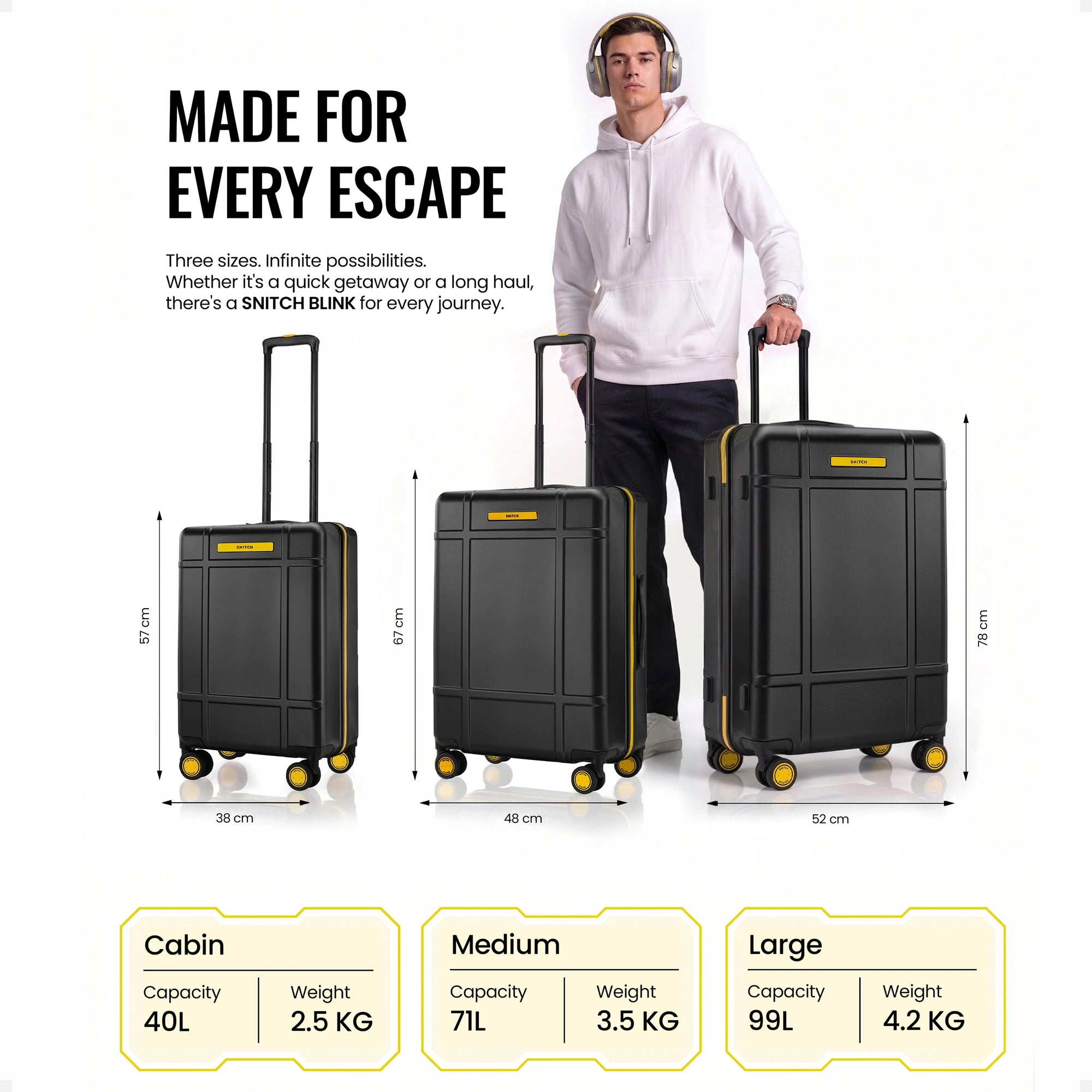 Set of 3 polycarbonate trolley suitcases, black, 8 wheels