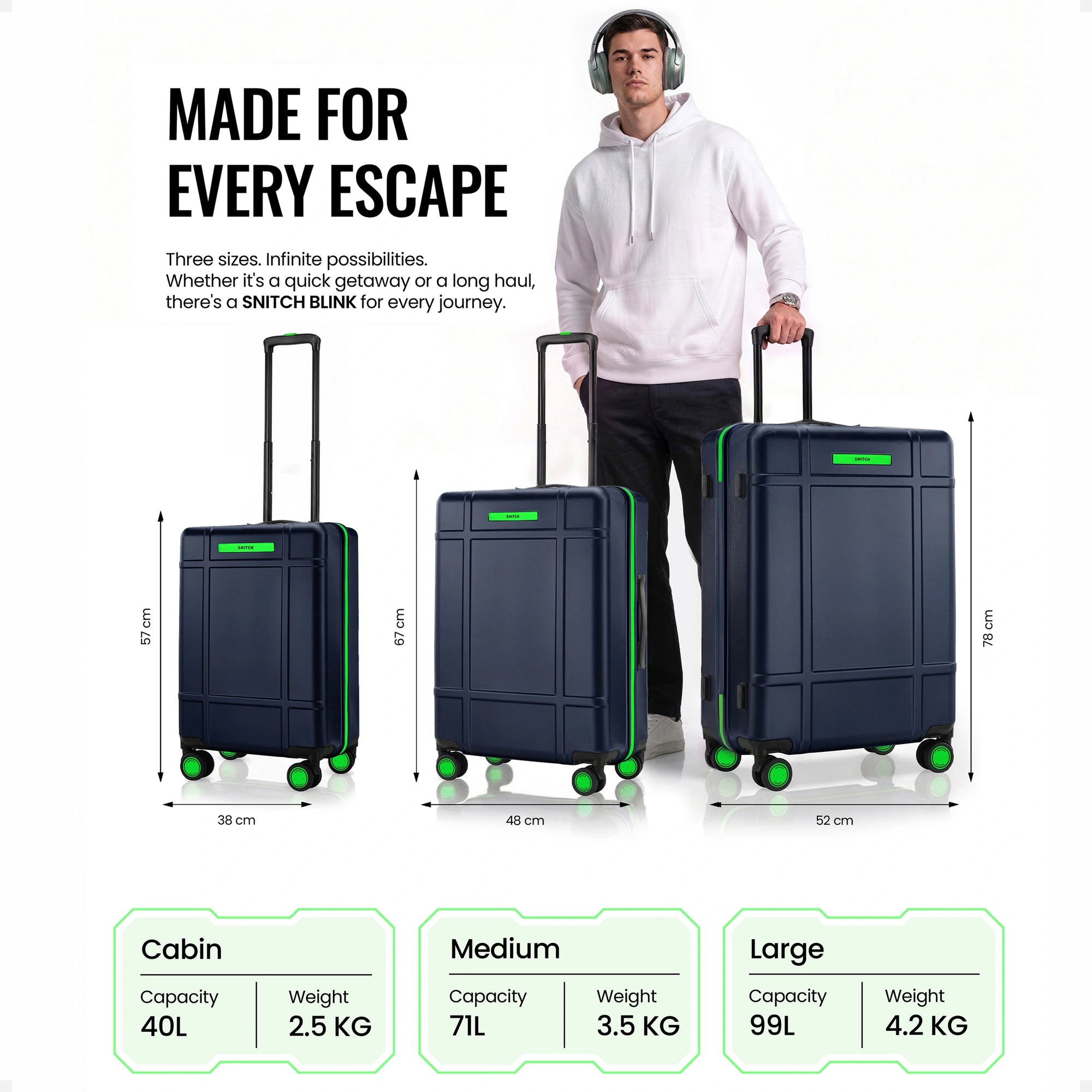 Set of 3 polycarbonate trolley suitcases, navy blue, 8 wheels