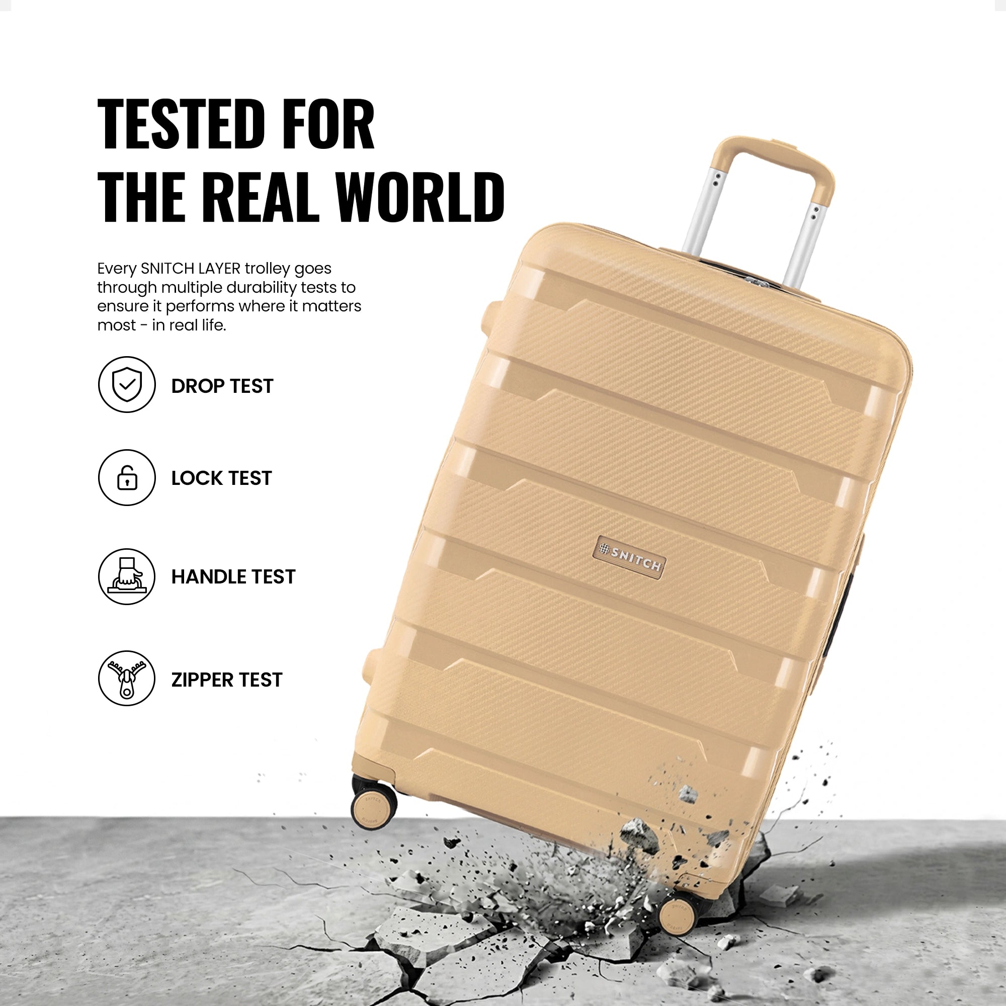 Beige large check-in trolley on wheels shown after drop and impact testing