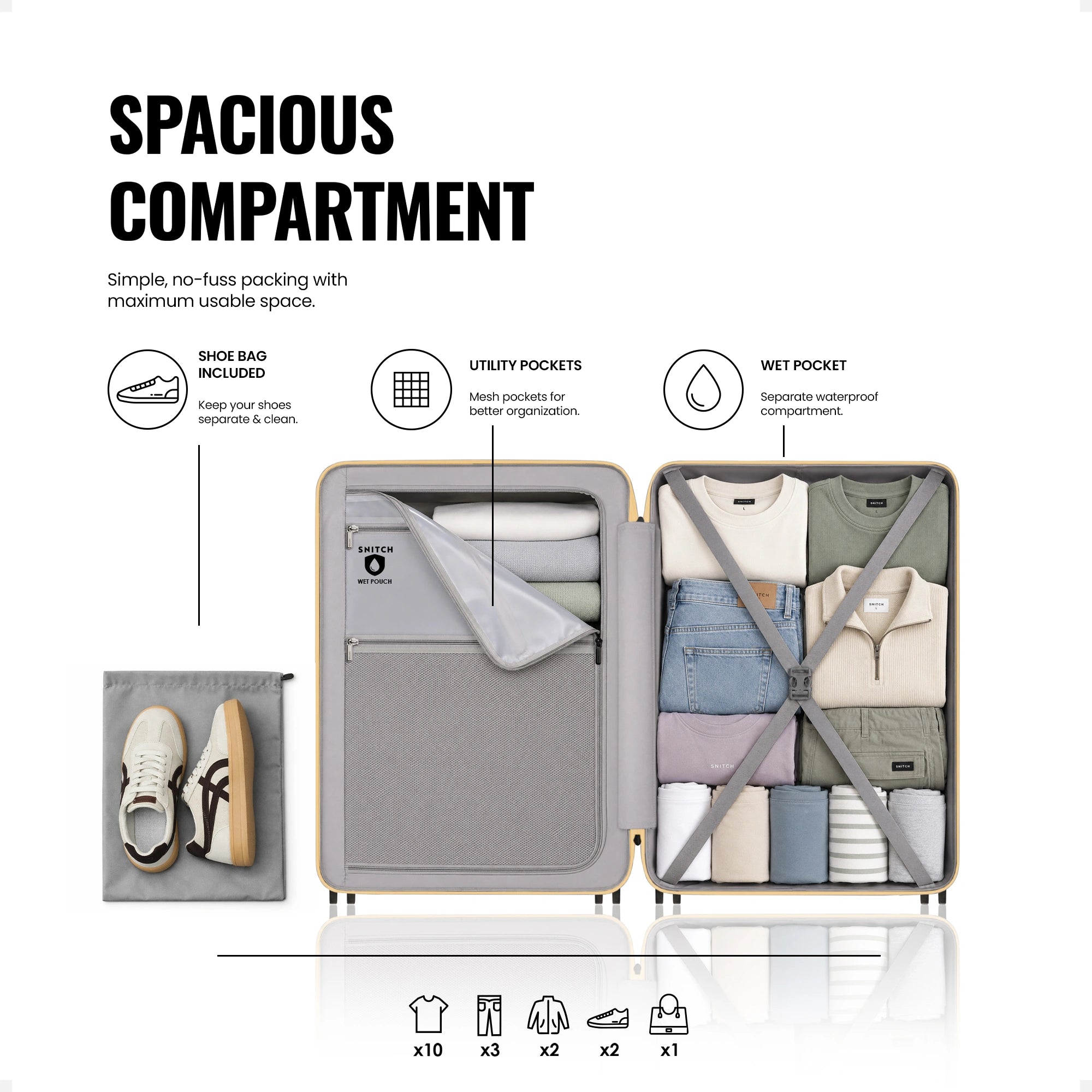 Open beige check-in trolley with mesh pocket, utility pockets, and wet compartment