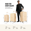 Beige rolling suitcases set with telescopic handles and four wheels, large size shown
