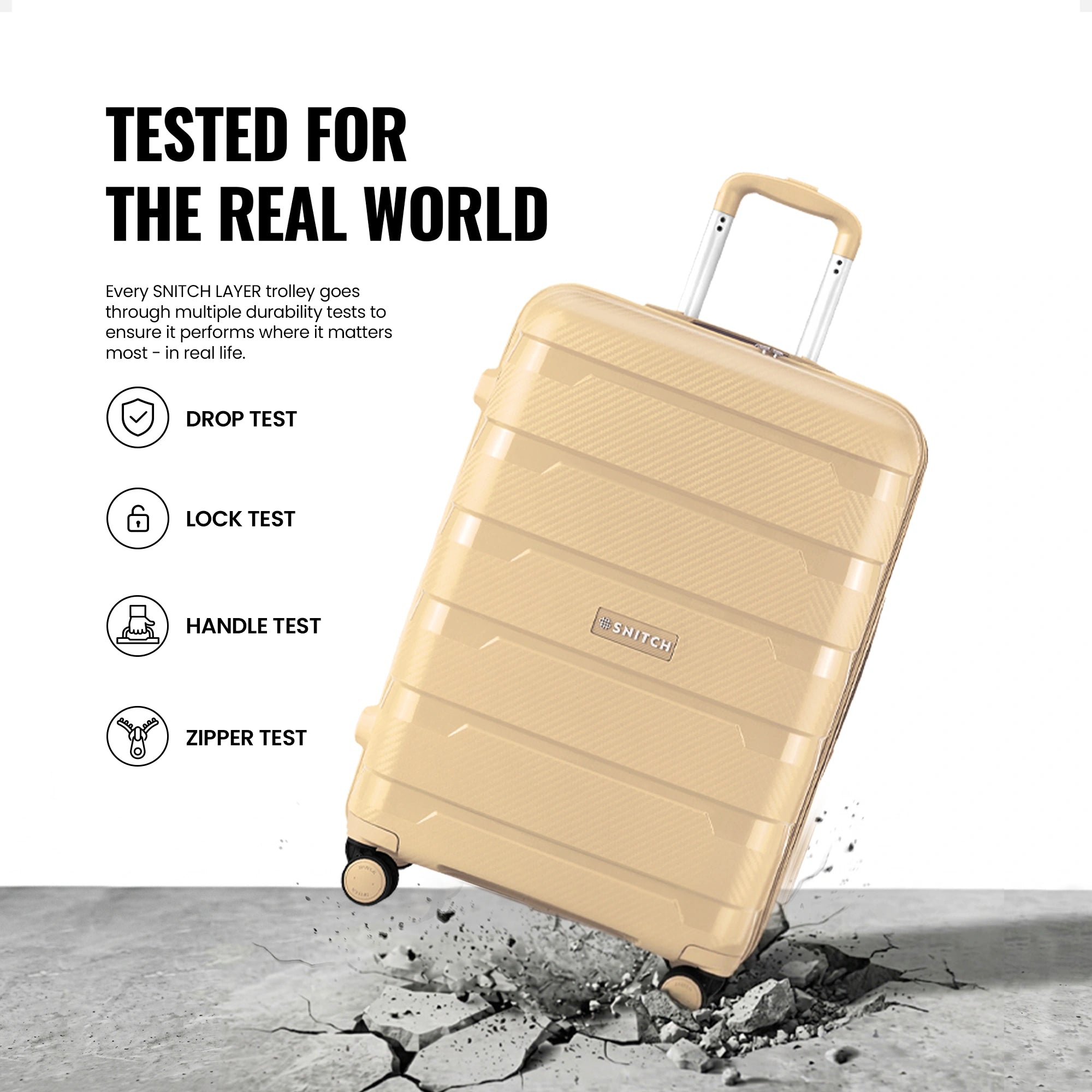 Beige check-in trolley suitcase with upright handle and smooth shell on impact surface