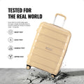 Beige check-in trolley suitcase with upright handle and smooth shell on impact surface