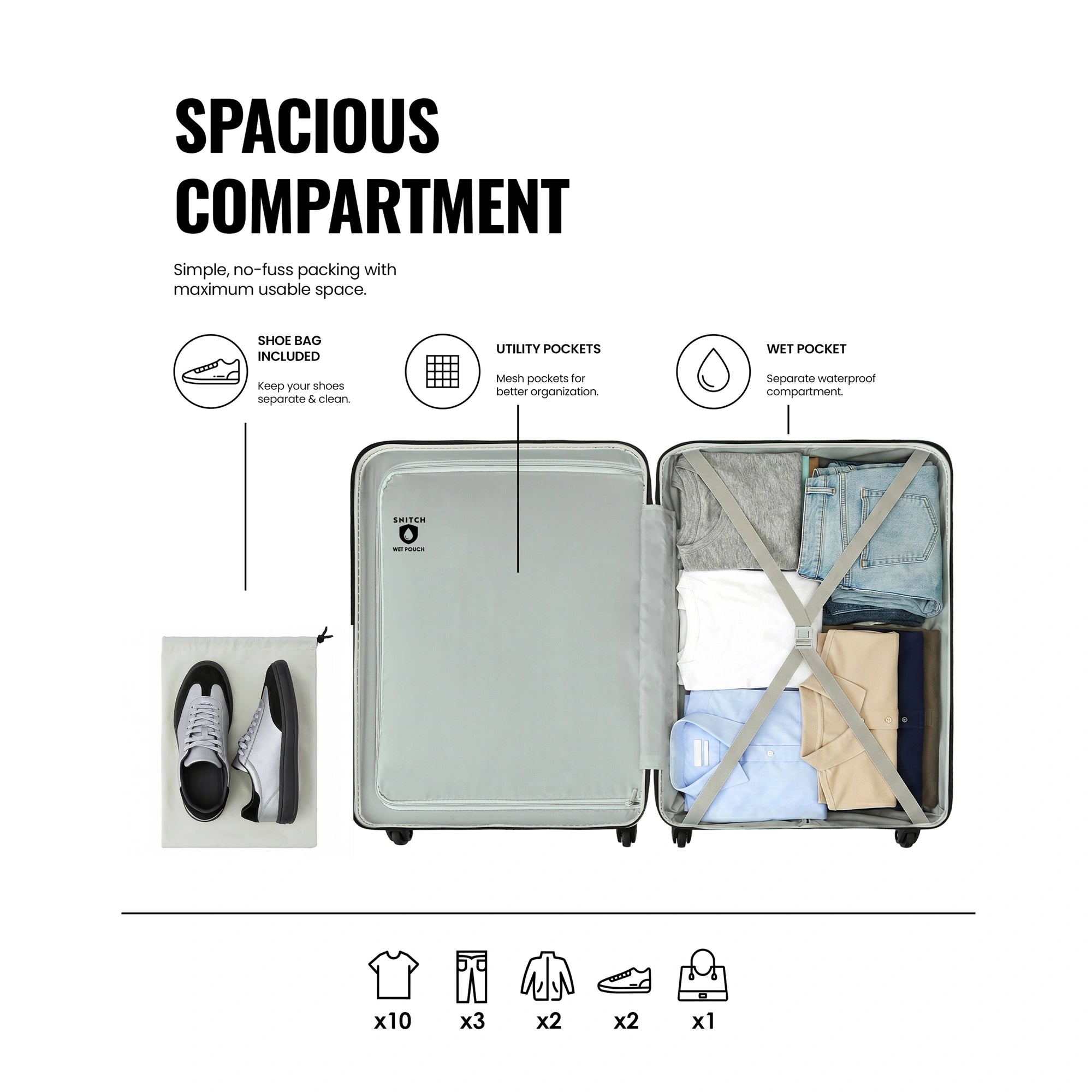 Light gray cabin trolley open to show packing compartments and zippered mesh pockets