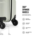 Light grey cabin trolley suitcase with 360° spinner wheels and reinforced wheel housing