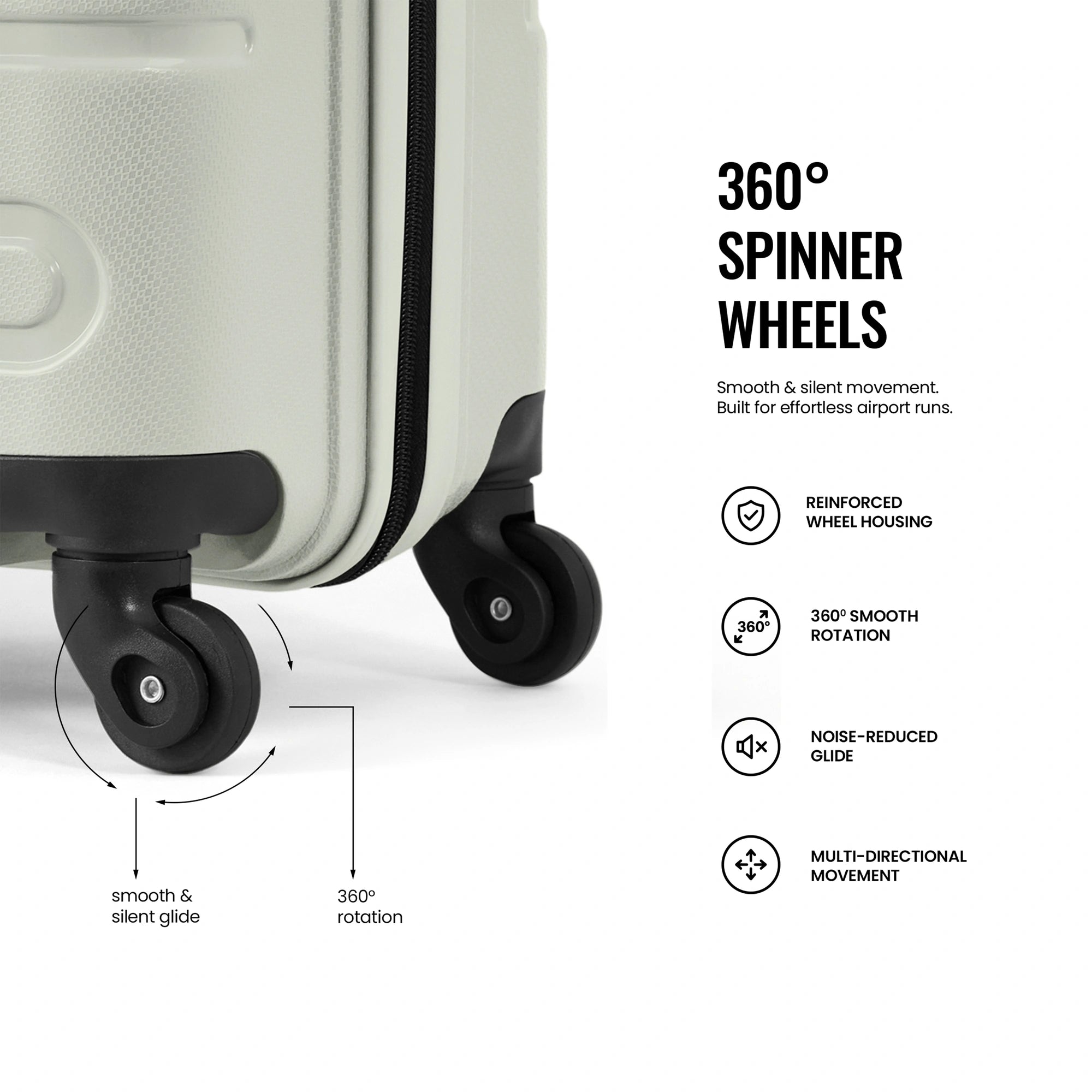 Light gray trolley with 360° spinner wheels and reinforced wheel housing
