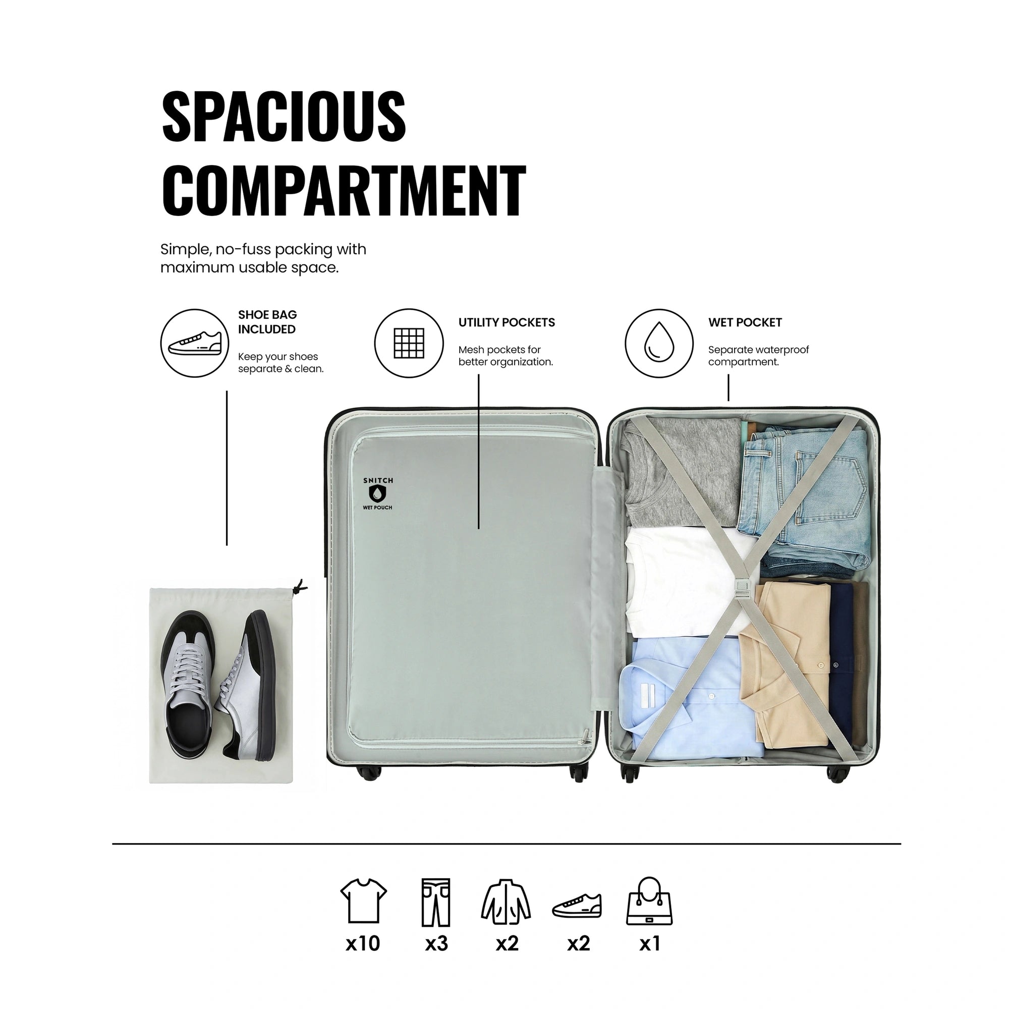 Medium hard-shell suitcase open, showing divider panel and interior compartments with straps