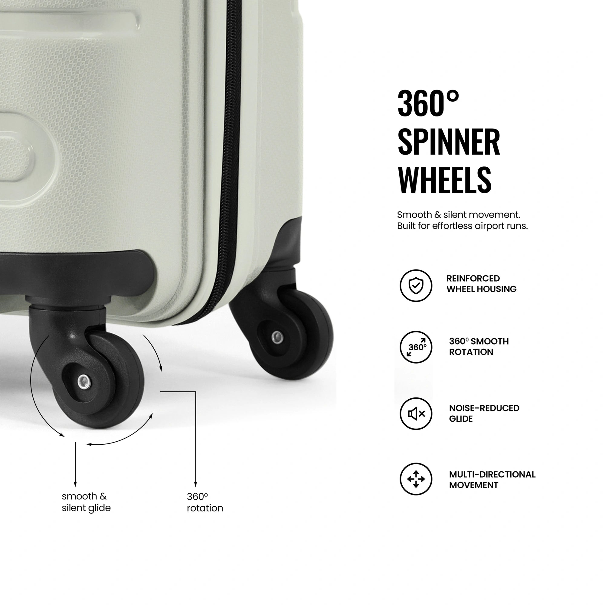 Medium suitcase with four spinner wheels, reinforced wheel housing, and smooth 360° rotation
