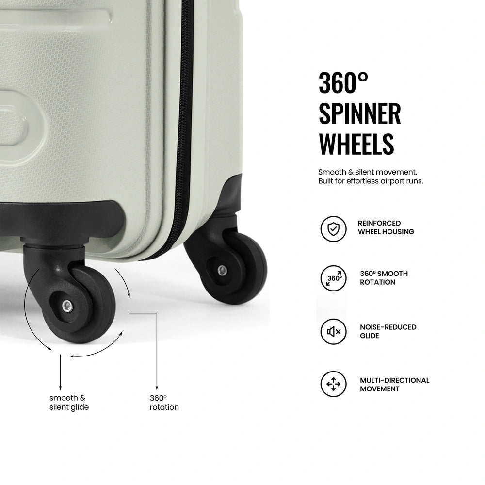 Light gray trolley suitcase with black 360° spinner wheels and reinforced wheel housing