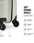 Light gray trolley suitcase with black 360° spinner wheels and reinforced wheel housing