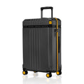 Large polycarbonate check-in trolley, matte black shell, 8 wheels with yellow accents, handle