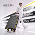 Large polycarbonate check-in trolley, grey shell, 8 wheels with yellow accents, handle up
