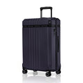 Dark navy polycarbonate check-in trolley with side zipper pocket and 8 spinner wheels