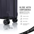 Dark polycarbonate trolley corner with 8 wheels, silent glide, 360° rotation control icons