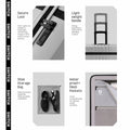Grey polycarbonate trolley closeups: secure lock, light handle, and mesh shoe pocket