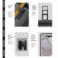 Close-up features on dark grey polycarbonate trolley suitcase: lock, handle, and storage pockets