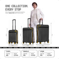 Three dark suitcases on wheels with telescopic handles, shown in cabin, medium, large sizes