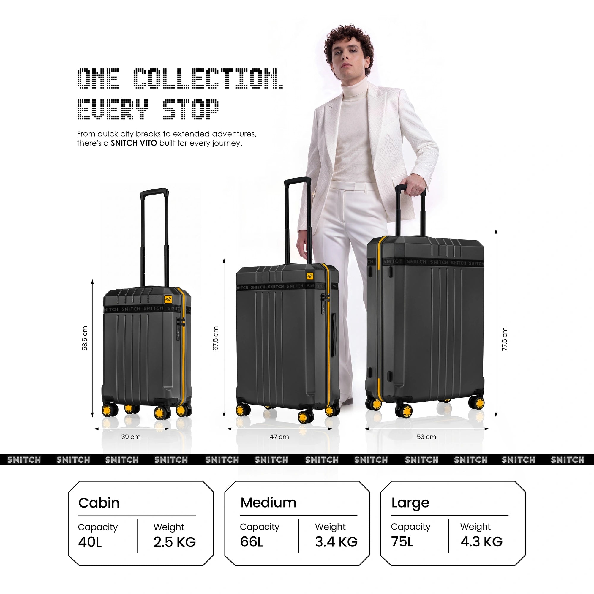 Three-piece polycarbonate trolley set, dark grey, 8 wheels, cabin/medium/large sizes
