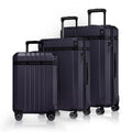 Set of three dark blue polycarbonate trolley suitcases with telescopic handles and 8 wheels