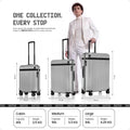 Three grey polycarbonate trolley suitcases: cabin, medium, and large with wheels