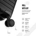 Polypropylene suitcase wheel close-up on black spinner with smooth glide design