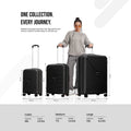 Three cabin spinner suitcases in black sizes, each with telescopic handle and wheels