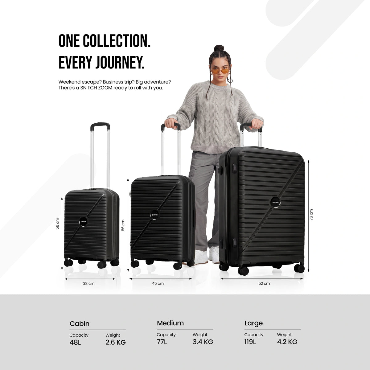 8-wheel polypropylene hard-shell suitcase set: cabin, medium, large, black