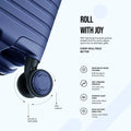 Blue spinner suitcase wheel with 360-degree rotation and smooth glide detail