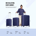 Three blue cabin spinner suitcases in small, medium, and large sizes with wheels