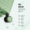Green cabin spinner suitcase wheel close-up with smooth 360 rotation
