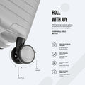 Polypropylene suitcase wheel close-up with smooth spinning design and side rim detail