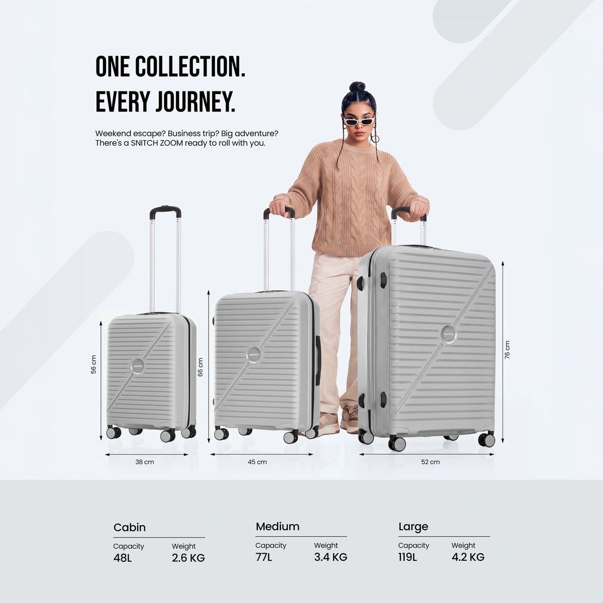 8-wheel polypropylene hard-shell suitcase set: cabin, medium, large, light gray