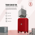 Red cabin spinner suitcase with durable hard shell on four spinner wheels