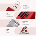 Red cabin spinner suitcase with top handle and side corner detail