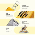Yellow cabin spinner suitcase open, showing mesh pocket and grey lining