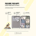 Compact grey carry-on suitcase with open interior and fabric divider panels