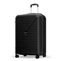 Large black polypropylene spinner suitcase with 8 wheels and side carry handle.