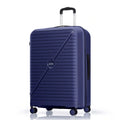 Large blue polypropylene spinner suitcase with 8 wheels and molded front panel.