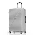 Large hard-shell spinner suitcase in light gray with telescopic handle and 8 wheels