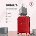 Red upright rolling suitcase with top handle and side zipper pocket