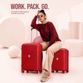 Two red upright rolling suitcases with push-button handles and four wheels each
