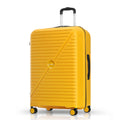 Yellow upright rolling suitcase with top handle and four caster wheels