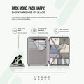 Medium green spinner suitcase open with packing organizer pockets, mesh sections, and straps.