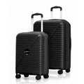 Black pair of hard-shell spinner suitcases with telescopic handles and 4 wheels