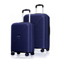 Blue pair of hard-shell spinner suitcases with telescopic handles and 4 wheels
