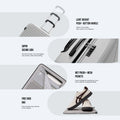 Light gray polypro spinner suitcase details: push-button handle and zip compartments