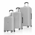 Set of three light grey hard-shell spinner suitcases with telescopic handles and wheels