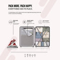 Open suitcase interior with gray lining, mesh pocket, and shoe bag organizer