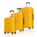 Set of three yellow hard-shell spinner suitcases with telescopic handles and 8 wheels