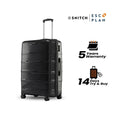 Black large check-in trolley front view with retractable handle and eight wheels